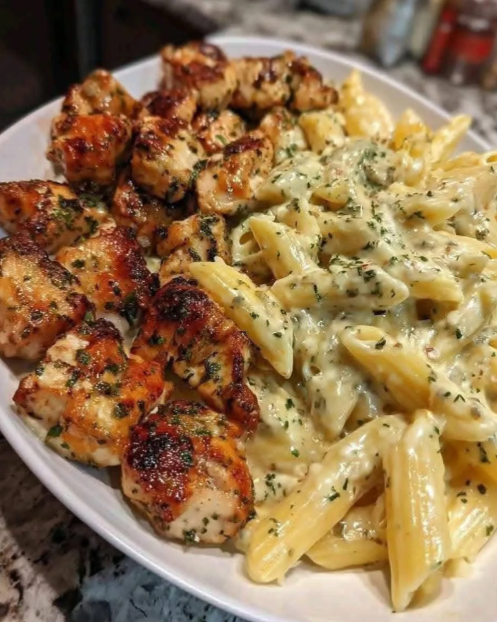 Grilled Chicken with Creamy Garlic Pasta